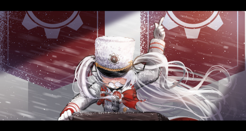 1girl blue_archive bow bowtie cherino_(blue_archive) coat fake_facial_hair flag flag_print gloves hat index_finger_raised microphone red_bow red_bowtie school_uniform snowing solo timety twintails upper_body white_coat white_facial_hair white_gloves white_hair wind