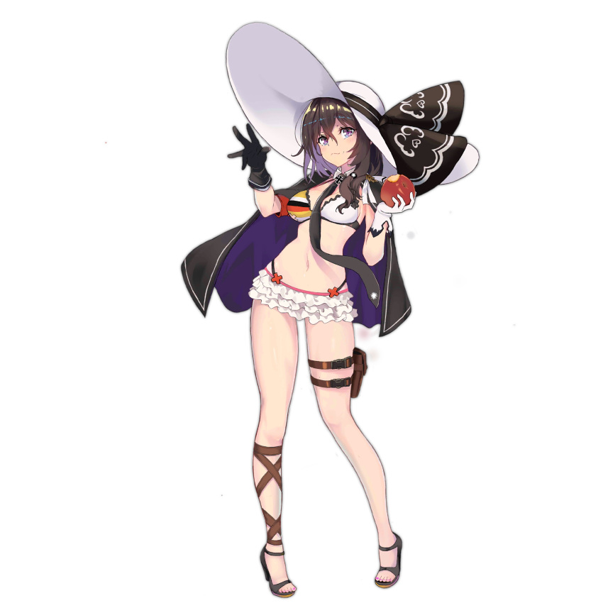 1girl :3 alternate_hairstyle apple armband between_breasts bikini black_cloak black_gloves black_necktie blush breasts brown_hair cleavage cloak closed_mouth detached_collar flag_print food frilled_bikini frills fruit full_body german_flag_bikini girls'_frontline gloves hair_between_eyes hair_over_shoulder hand_up hat highres holding holding_food holding_fruit holster long_hair looking_at_viewer medium_breasts nail_polish navel necktie necktie_between_breasts official_alternate_costume official_art p38_(apprentice_witch)_(girls'_frontline) p38_(girls'_frontline) pink_nails purple_eyes revision sandals sidelocks skindentation solo stomach sun_hat swimsuit thigh_holster thigh_strap toenail_polish toenails tori_(minamopa) transparent_background white_gloves white_headwear