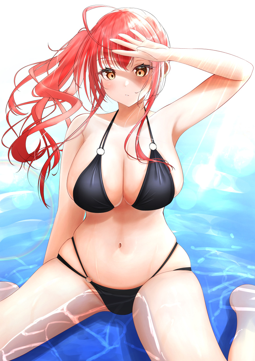 1girl absurdres ahoge arm_up azur_lane bikini breasts cleavage highres large_breasts looking_at_viewer multi-strapped_bikini o-ring o-ring_bikini official_alternate_costume red_hair shallow_water side_ponytail sitting swimsuit tsuri_pi wariza water zara_(azur_lane) zara_(poolside_coincidence)_(azur_lane)