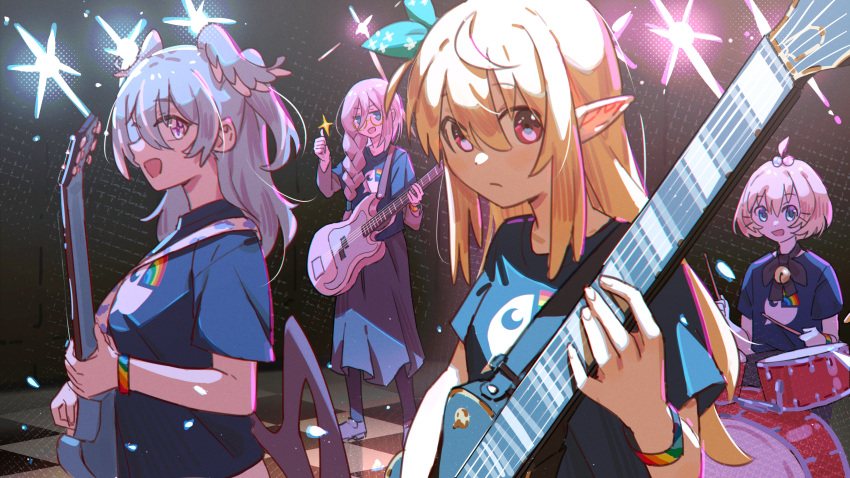 4girls absurdres ahoge aia_amare alternate_costume band bass_guitar black_shirt blonde_hair blue_hair blue_wings bob_cut bocchi_the_rock! bracelet braid closed_mouth commentary diffraction_spikes drum drum_set drumsticks electric_guitar elira_pendora english_commentary expressionless glasses green_eyes guitar hair_between_eyes hair_bobbles hair_ornament hairclip head_wings highres holding holding_drumsticks holding_instrument indoors instrument jewelry logo long_hair looking_at_viewer maplesights millie_parfait multicolored_hair multiple_girls music nijisanji nijisanji_en open_mouth playing_instrument pointy_ears pomu_rainpuff print_shirt purple_eyes red_eyes round_eyewear semi-rimless_eyewear shirt short_hair short_sleeves side_braid sidelocks single_braid sitting smile sparkle stage stage_lights standing star-shaped_pupils star_(symbol) symbol-shaped_pupils t-shirt tareme thumbs_up virtual_youtuber white_hair wings