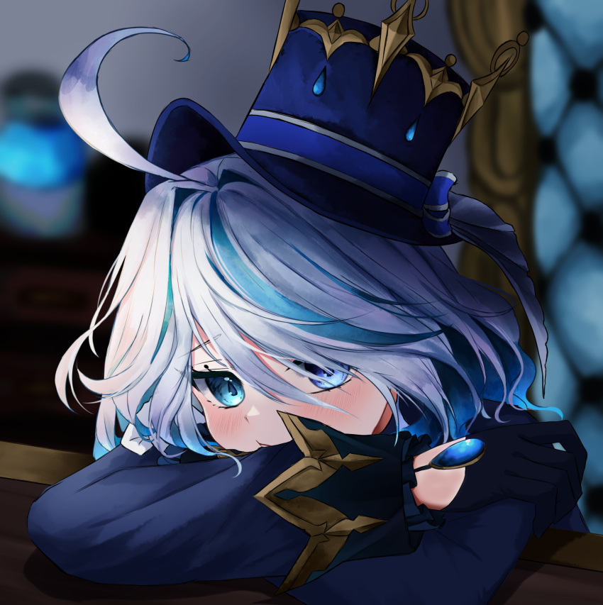 1girl :t ahoge black_gloves blue_eyes blue_gemstone furina_(genshin_impact) gem genshin_impact gloves hat head_on_arm heterochromia highres long_sleeves multicolored_hair on_chair sitting solo streaked_hair top_hat white_hair zekens_(dnvt2447)