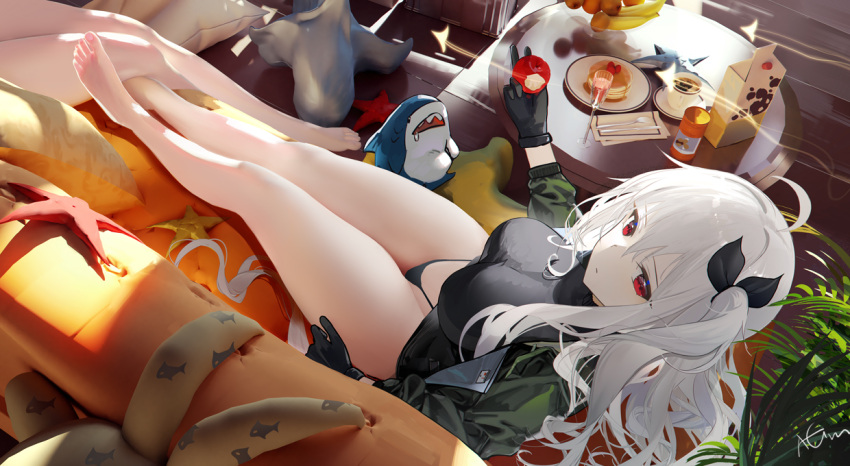 1girl apple arknights banana bare_legs bitten_apple black_gloves black_panties black_shirt breasts carton couch cup expressionless feet food food_bite from_above fruit full_body gloves green_jacket holding holding_food holding_fruit ikea_shark indoors jacket legs looking_at_viewer medium_breasts mug omone_hokoma_agm open_clothes open_jacket orange_(fruit) pancake pancake_stack panties pillow plant plate red_eyes saucer shirt side_ponytail skadi_(arknights) solo starfish stuffed_animal stuffed_shark stuffed_toy table underwear white_hair wooden_floor