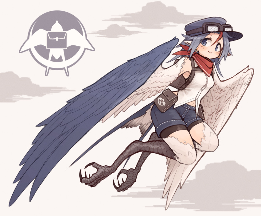 1girl animal_ears animal_feet bag bandana bird_ears bird_legs bird_wings black_headwear black_shorts blush buttons claws closed_mouth feathered_wings full_body grey_eyes grey_hair harpy hat highres kaginoni medium_hair monster_girl navel original red_bandana red_hair shirt shorts solo white_shirt winged_arms wings