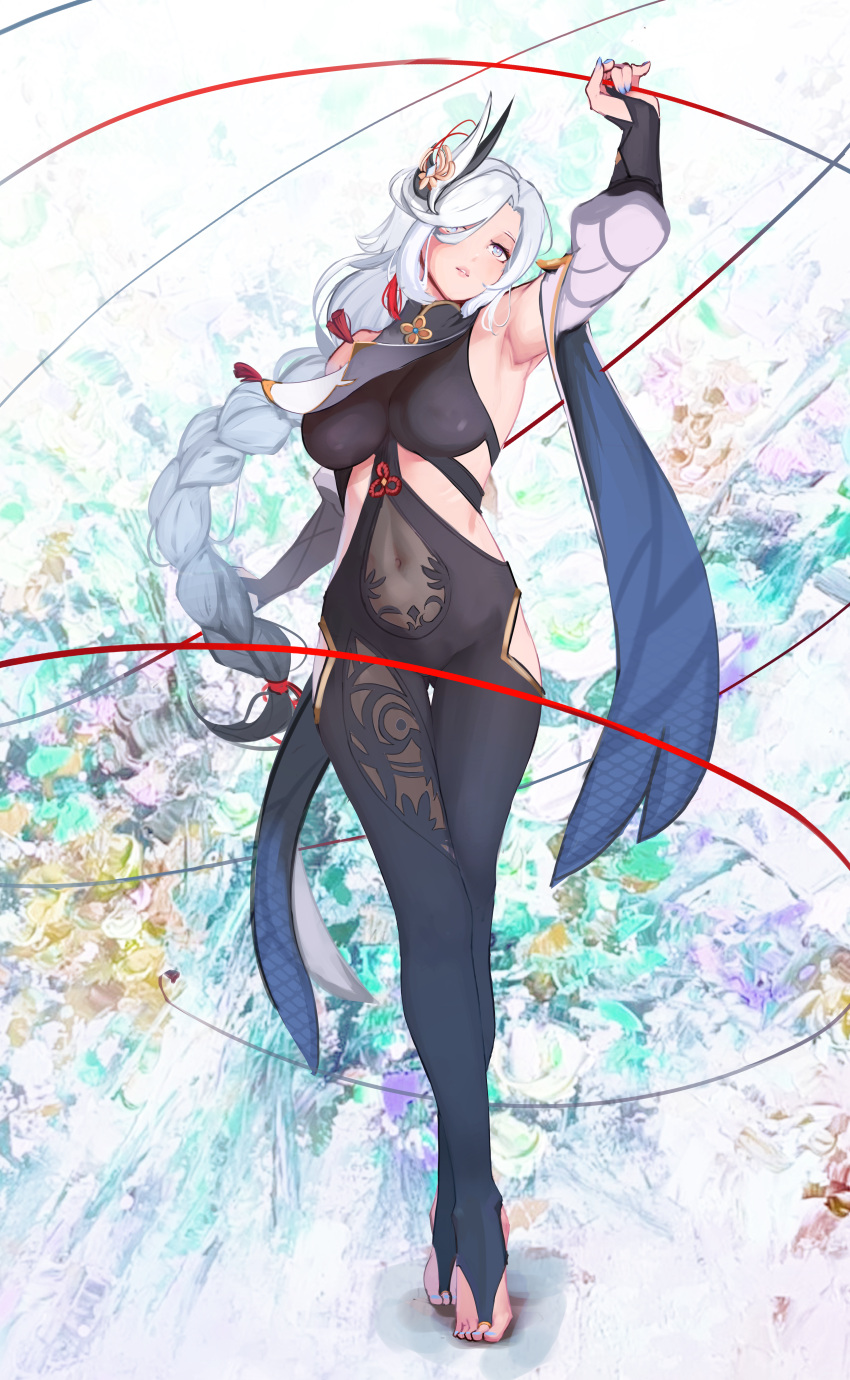 1girl abstract_background absurdres arm_up armpits ass_visible_through_thighs black_bodysuit black_gloves blue_eyes blue_nails blush bodysuit braid braided_ponytail breast_curtain breast_curtain_lift breasts bridal_gauntlets chinese_knot clothing_cutout commentary covered_navel crossed_legs detached_sleeves earrings english_commentary fingerless_gloves full_body genshin_impact gloves gold_trim hair_ornament hair_over_one_eye highres hip_vent jewelry large_breasts lips long_hair looking_up low-tied_long_hair nail_polish navel_cutout parted_bangs parted_lips qweeliart shenhe_(genshin_impact) single_earring solo standing string tassel tassel_earrings thigh_gap toenail_polish toenails watson_cross white_hair