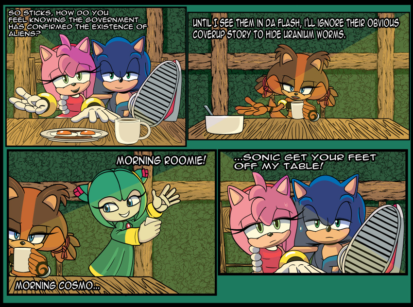 absurd_res alien amy_rose anthro badger blue_archer_(artist) breakfast comic cosmo_the_seedrian eulipotyphlan female food group hedgehog hi_res home inside light lighting male male/female mammal morning mustelid musteline sega sonic_boom sonic_the_hedgehog_(series) sonic_x sticks_the_jungle_badger wood