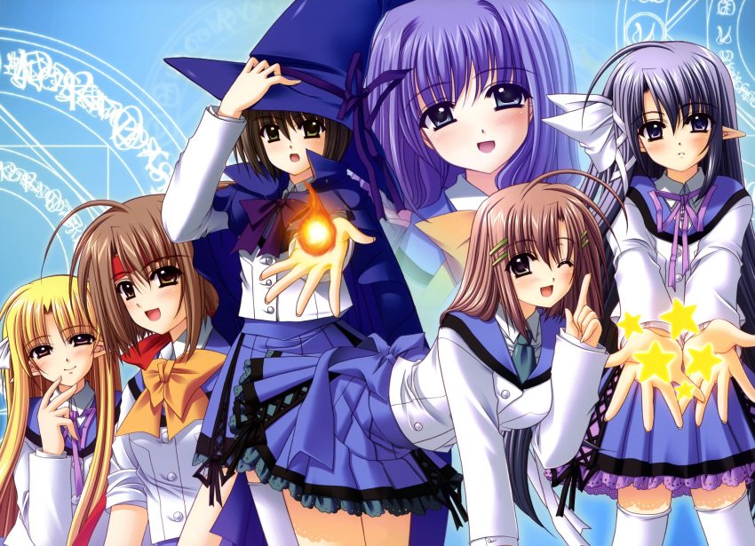 2000s_(style) absurdres blonde_hair brown_hair cleenex_tissue ellyeir_pulp freyjalt_fall happy highres judgement_chime kannagi_sayuka long_hair nishimata_aoi one_eye_closed pointy_ears purple_hair school_uniform short_hair star_(symbol) varuna_riel