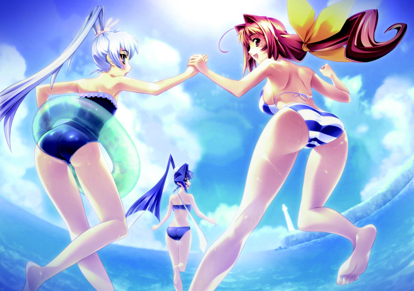 3girls ahoge ass bikini blue_eyes blue_hair blush bou bow breasts grey_hair hair_bow hair_intakes high_ponytail highres holding_hands kagami_sumika long_hair looking_at_viewer low_ponytail mitsurugi_meiya multiple_girls muvluv muvluv_alternative official_art open_mouth ponytail red_eyes red_hair smile striped striped_bikini swimsuit twintails yashiro_kasumi yellow_bow