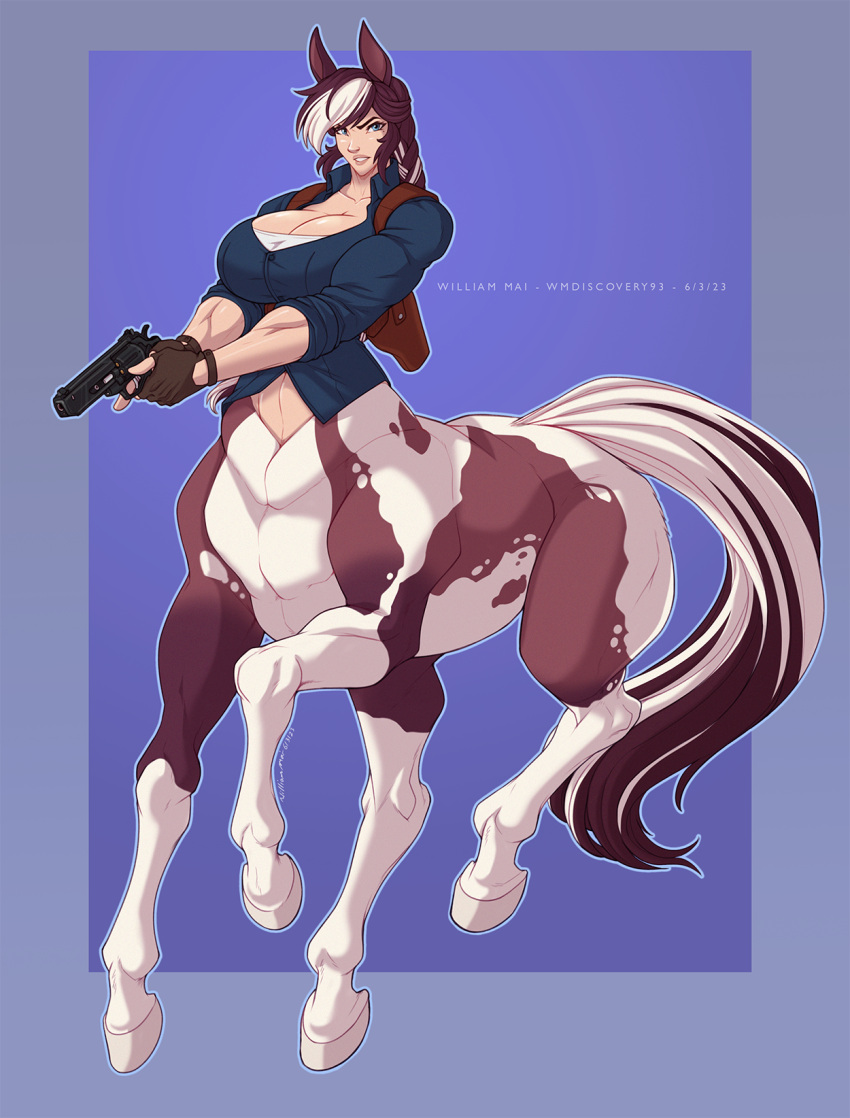 breasts brown_body brown_fur brown_hair centaur cleavage clothed clothing equid equid_taur female fingerless_gloves fur gloves gun hair handgun handwear hi_res holster hooves humanoid_taur mammal mammal_taur multicolored_body multicolored_fur multicolored_hair muscular muscular_female muscular_taur ranged_weapon revolver solo taur two_tone_body two_tone_fur two_tone_hair weapon white_body white_fur white_hair wmdiscovery93