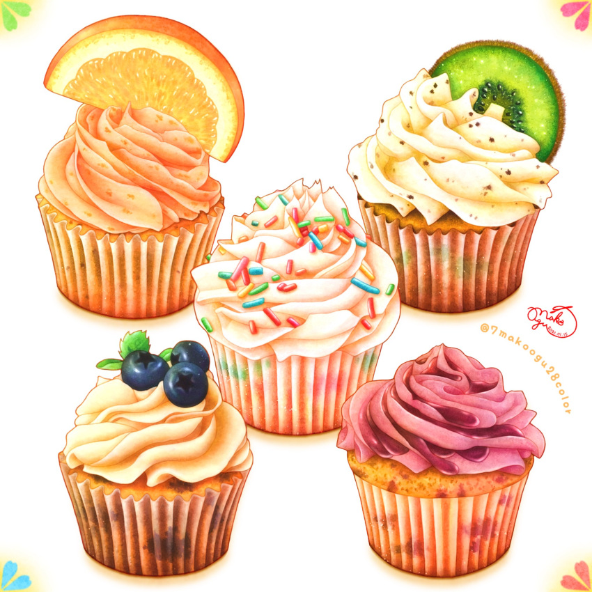 7makoogu28color artist_name blueberry color_ink_(medium) cupcake food food_focus fruit highres kiwi_(fruit) kiwi_slice orange_(fruit) orange_slice original painting_(medium) simple_background traditional_media watercolor_(medium)