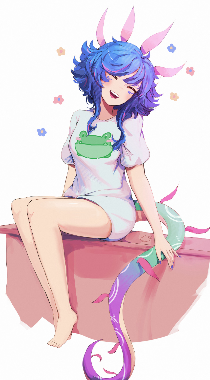 1girl :d absurdres alternate_costume animal_print bare_legs barefoot blue_hair closed_eyes colored_skin facing_viewer flower frog_print green_skin highres league_of_legends long_hair neeko_(league_of_legends) neekoinator purple_skin shirt short_sleeves smile solo tail teeth upper_teeth_only white_background white_shirt