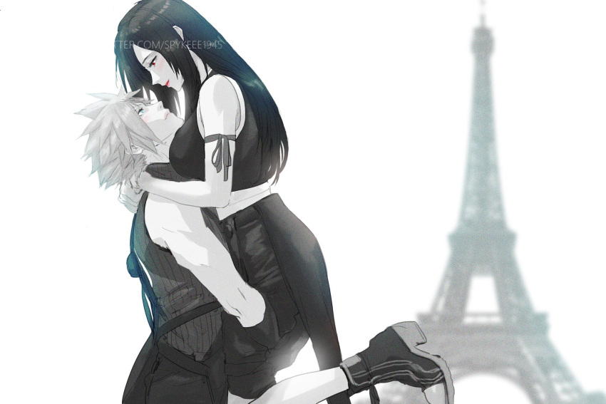 1boy 1girl apron arm_ribbon arms_around_neck bare_shoulders black_apron black_footwear black_gloves black_hair black_shorts black_vest blue_eyes blurry blurry_background blush breast_press breasts closed_mouth cloud_strife commentary commission couple crop_top eiffel_tower english_commentary eye_contact feet_up final_fantasy final_fantasy_vii final_fantasy_vii_advent_children from_side gloves greyscale highres hug large_breasts lifting_person long_hair looking_at_another midriff_peek monochrome outdoors profile red_eyes red_lips ribbed_shirt ribbon shirt shorts simple_background sleeveless sleeveless_shirt spiked_hair spot_color spykeee tank_top tifa_lockhart twitter_username vest waist_apron watermark white_tank_top