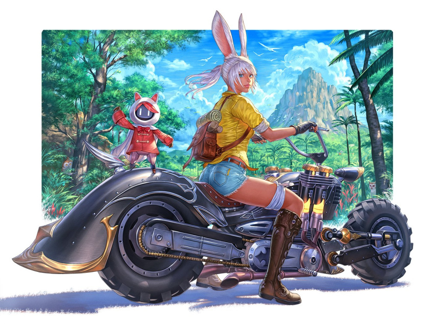 1girl animal_ears arina_nary ass backpack bag belt black_gloves blue_eyes blue_shorts boots border brown_footwear closed_mouth commission cutoffs day denim denim_shorts final_fantasy final_fantasy_xiv fingerless_gloves floating_hair from_side full_body gloves height_difference high_ponytail light_smile lips long_hair looking_at_viewer motor_vehicle motorcycle on_motorcycle outdoors outside_border pocket rabbit_ears riding shirt shorts skeb_commission sleeves_rolled_up tan viera warrior_of_light_(ff14) white_border white_hair yellow_shirt