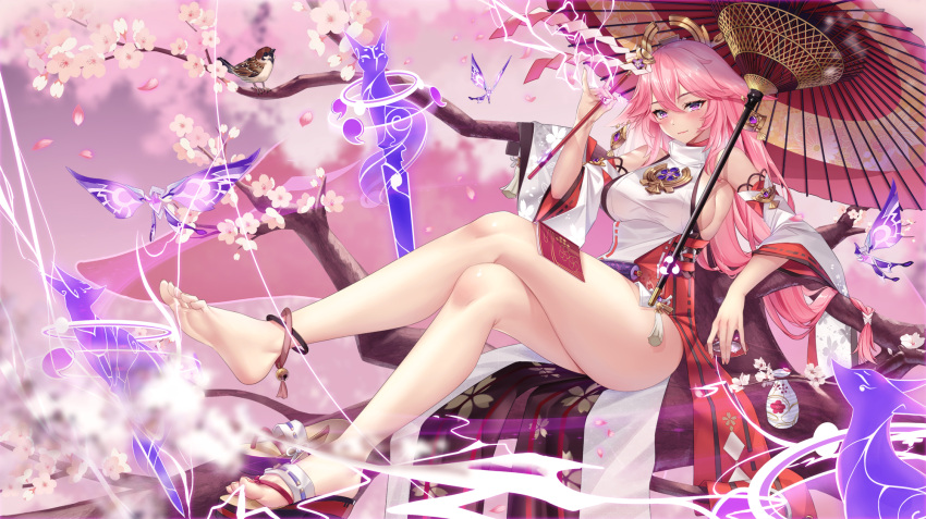 1girl animal_ears bare_legs bare_shoulders barefoot breasts cherry_blossoms closed_mouth commentary crossed_legs crystalfly_(genshin_impact) detached_sleeves falling_petals feet floppy_ears foreshortening fox_ears fox_shadow_puppet full_body genshin_impact gohei hair_between_eyes highres holding holding_gohei kousaki_natsu large_breasts legs long_hair looking_at_viewer mitsudomoe_(shape) nontraditional_miko oil-paper_umbrella outdoors petals pink_hair purple_eyes revision sandals sandals_removed sideboob sidelocks single_sandal sitting smile soles solo sword toes tomoe_(symbol) umbrella weapon yae_miko