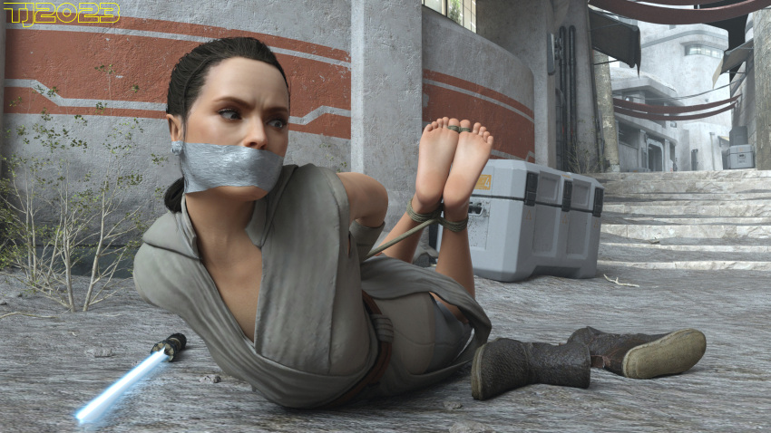 barefoot bdsm bondage bound boundgagged feet footfetish highres hogtie hogtied non-web_source rey rey_(star_wars) soles star_wars tiedup toetied