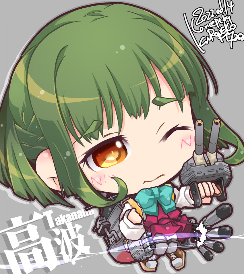 1girl adapted_turret aqua_bow aqua_bowtie bob_cut bow bowtie brown_eyes cannon character_name chibi cross-laced_footwear dress green_hair grey_pantyhose highres kantai_collection kuroneko_(kuroneko_works) long_sleeves one_eye_closed pantyhose purple_dress rigging school_uniform shirt short_hair short_hair_with_long_locks sidelocks smokestack solo takanami_(kancolle) white_shirt