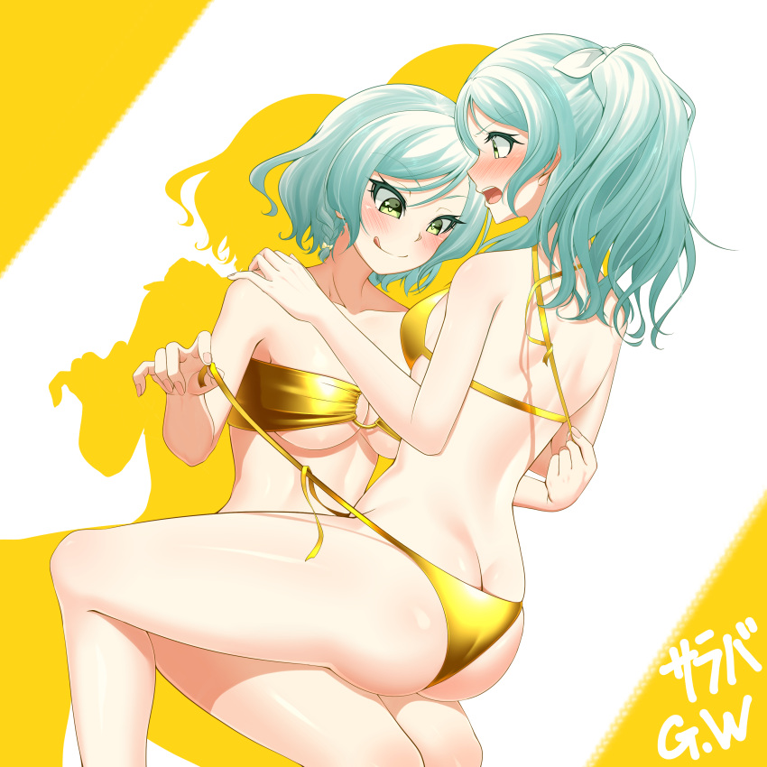 2girls :q absurdres alternate_hairstyle aqua_hair ass bang_dream! bare_arms bare_legs bare_shoulders bikini blush bow braid breasts butt_crack cleavage closed_mouth collarbone commentary_request drop_shadow dutch_angle feet_out_of_frame fingernails girl_on_top gold_bikini green_eyes hair_bow hair_ribbon halterneck hand_on_another's_shoulder hands_up heart heart-shaped_pupils high_ponytail highres hikawa_hina hikawa_sayo incest invisible_chair large_breasts long_hair looking_at_another looking_at_breasts looking_down medium_breasts multiple_girls nose_blush o-ring o-ring_bikini o-ring_top open_mouth profile ribbon short_hair shoulder_blades siblings side-tie_bikini_bottom side_braid side_ponytail sisters sitting sitting_on_lap sitting_on_person smile strapless strapless_bikini swept_bangs swimsuit symbol-shaped_pupils teeth tongue tongue_out twincest twins two-tone_background untied untied_bikini untying upper_teeth_only v-shaped_eyebrows white_background white_ribbon yellow_background yellow_bow you-q_(youq14) yuri