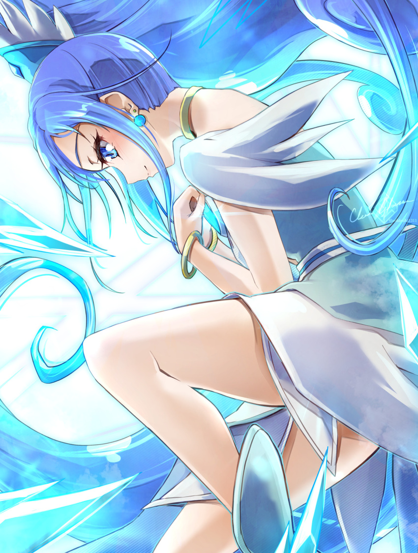 1girl blue_background blue_bow blue_dress blue_eyes blue_hair boots bow bracelet brooch choker clear_glass_(mildmild1311) crystal_earrings cure_diamond dokidoki!_precure dress earrings gradient_background hair_ornament heart_brooch high_ponytail highres hishikawa_rikka jewelry long_hair magical_girl ponytail precure puffy_short_sleeves puffy_sleeves short_sleeves signature smile solo tiara wide_ponytail yellow_choker