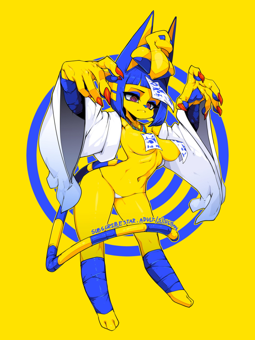 1girl @_@ absurdres animal_crossing animal_ears animal_nose ankha_(animal_crossing) blue_hair bob_cut breasts closed_mouth fingernails full_body furry furry_female highres long_fingernails medium_breasts panties pasties red_eyes red_nails simple_background slugbox snout solo standing striped striped_tail tail underwear white_panties wide_sleeves yellow_background