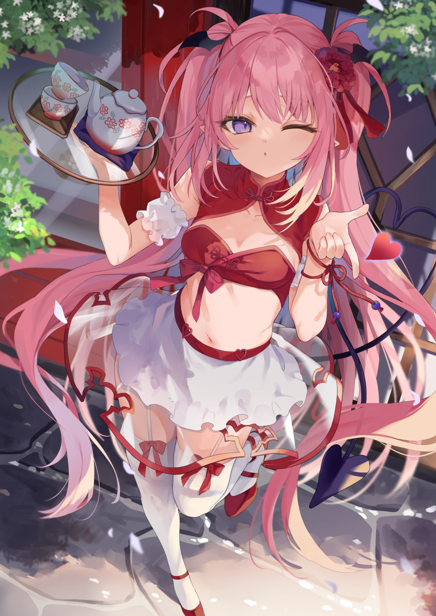 1girl absurdres bare_shoulders breasts chinese_clothes crop_top demon_tail detached_sleeves flower garter_straps hair_flower hair_ornament hands_up heart highres kedama_milk leg_up long_hair looking_at_viewer midriff miniskirt navel one_eye_closed original pink_hair purple_eyes red_footwear red_shirt see-through shirt shoes skirt sleeveless sleeveless_shirt small_breasts solo standing standing_on_one_leg stomach tail teapot thighhighs thighs tray twintails very_long_hair white_skirt white_thighhighs zettai_ryouiki