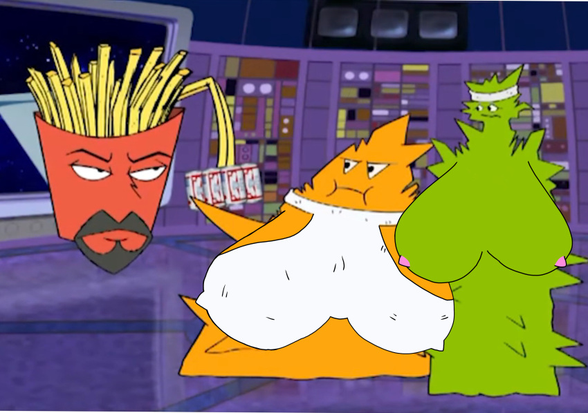 absurd_res adult_swim alien aqua_teen_hunger_force beard beverage_can black_beard breasts cartoon_network choker clothing droolband edit edited_photo edited_screencap emory_(athf) facial_hair food food_creature food_humanoid fries frylock green_body green_skin hi_res humanoid jewelry necklace nipples obese oglethorpe_(athf) orange_body orange_skin overweight pink_nipples plutonian_(athf) pointy_nipples red_box screenshot_edit shorter_male skinny staring_at_chest sweatband taller_male taradoggo topwear