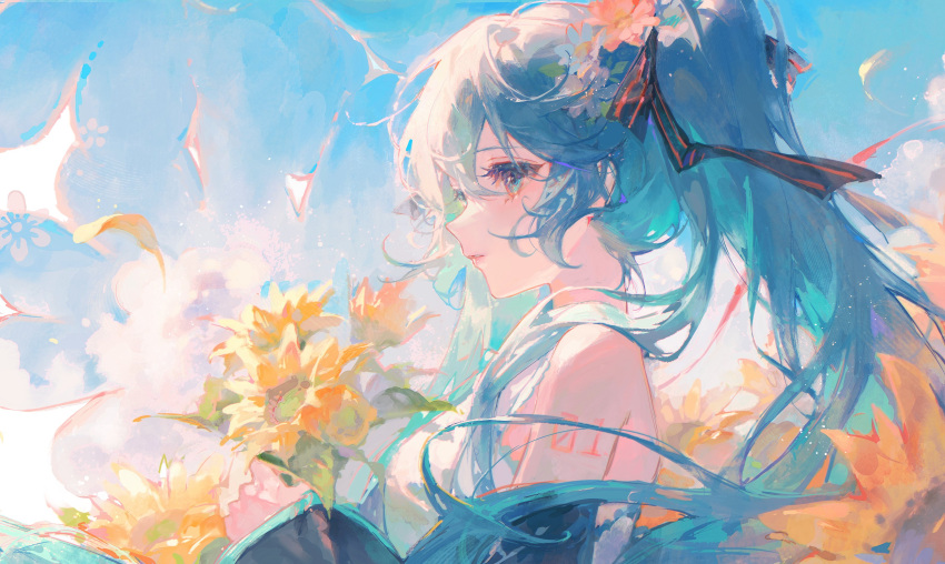 1girl absurdres aqua_eyes aqua_hair bare_shoulders black_sleeves blue_sky bow cloud commentary detached_sleeves falling_petals flower hair_between_eyes hair_bow hair_flower hair_ornament hatsune_miku highres holding holding_flower light long_hair looking_to_the_side maccha_(mochancc) parted_lips petals shirt sidelocks sky sleeveless sleeveless_shirt solo sunflower symbol-only_commentary twintails upper_body very_long_hair vocaloid wide_sleeves