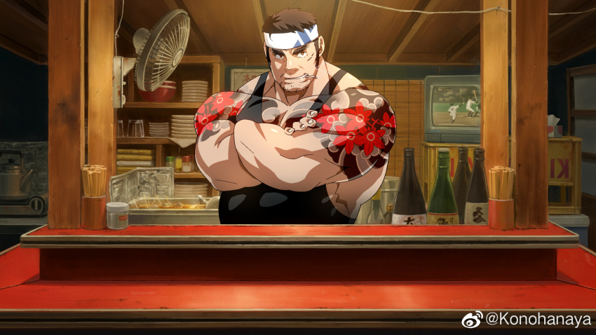 1boy anime_coloring arm_tattoo bara belly black_tank_top booth_seating brown_hair crossed_arms facial_hair grin headband highres konohanaya large_pectorals long_sideburns looking_at_viewer male_focus mature_male muscular muscular_male original pectoral_cleavage pectorals plump pov_across_table realistic restaurant sanpaku short_hair sideburns smile solo sparse_stubble stubble table tank_top tattoo thick_eyebrows upper_body visual_novel