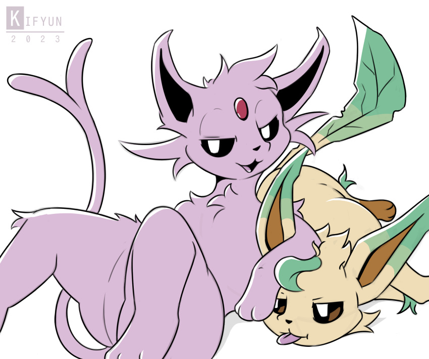 ambiguous_gender black_eyes blep colored duo eeveelution espeon feral flat_colors fur generation_2_pokemon generation_4_pokemon hi_res kifyun2 leafeon looking_at_viewer lying nintendo on_back on_side open_mouth pink_body pink_fur pokemon pokemon_(species) text tongue tongue_out yellow_body yellow_fur