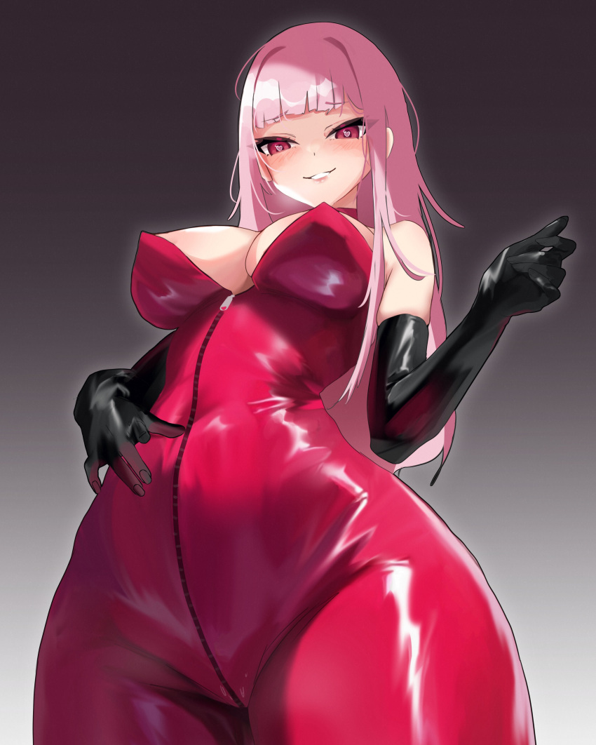 1girl absurdres black_gloves blunt_bangs choker gloves heart heart-shaped_pupils highres hololive hololive_english lipstick makeup me_o_wy mori_calliope pink_hair red_eyes simple_background spandex symbol-shaped_pupils virtual_youtuber wet_spot zipper zipper_pull_tab