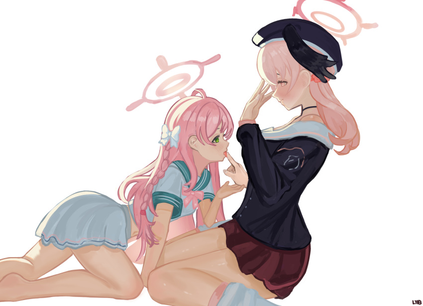 2girls age_progression age_regression aged_down ahoge beret blue_archive blush green_eyes halo hanako_(blue_archive) hat highres koharu_(blue_archive) licking licking_finger long_hair multiple_girls navel non-web_source off_shoulder pink_eyes pink_hair pink_skirt saliva school_uniform sitting skirt white_background yuri