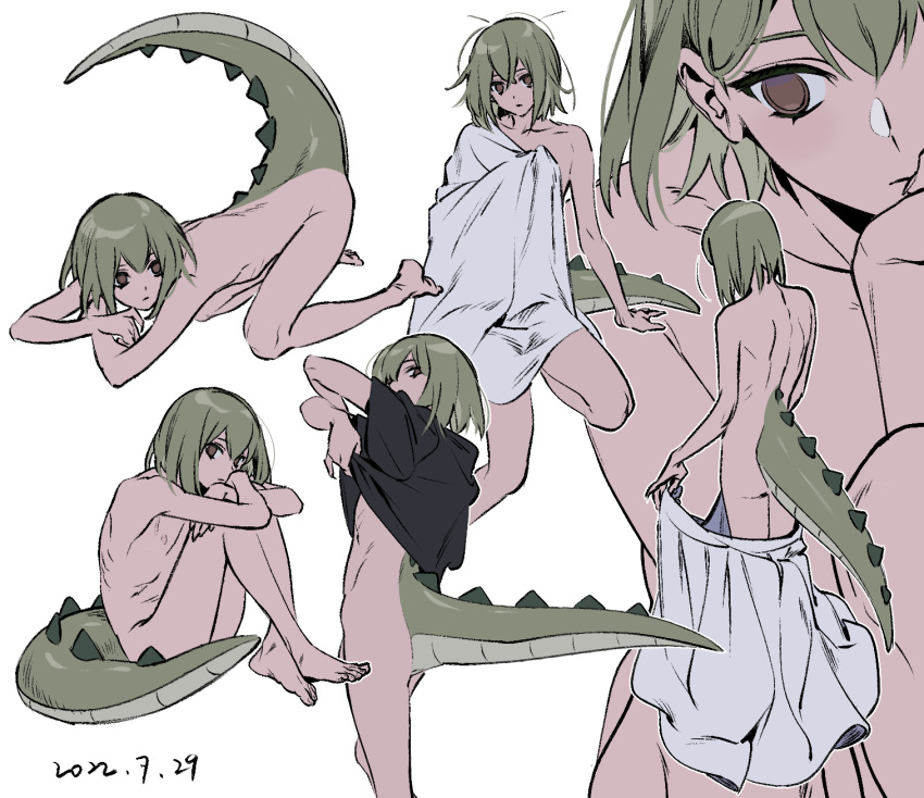 1boy all_fours back bare_legs barefoot black_shirt brown_eyes close-up collage cropped_legs crossed_ankles double-parted_bangs dragon_boy dragon_tail feet flat_chest full_body green_hair hana_(adey) head_on_hand highres knees_up looking_at_viewer looking_to_the_side medium_hair messy_hair nipples nude original otoko_no_ko penis shirt sitting sketch skirt standing tail tail_raised ten_(lu2948d) towel undressing white_background white_skirt