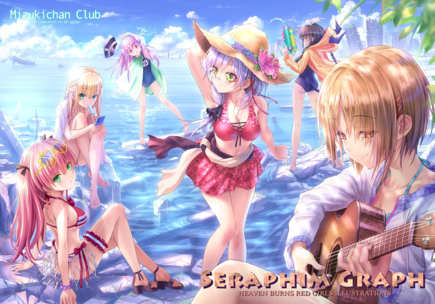 6+girls aikawa_megumi asakura_karen_(heaven_burns_red) bikini black_hair blonde_hair cat_tail comiket_102 glasses goto_p green_eyes grey_hair hair_ornament hair_over_one_eye hat heaven_burns_red highres hood hooded_jacket izumi_yuki_(heaven_burns_red) jacket kayamori_ruka kunimi_tama long_hair military_hat multiple_girls pink_eyes pink_hair red_eyes school_swimsuit short_hair swimsuit tail yellow_eyes