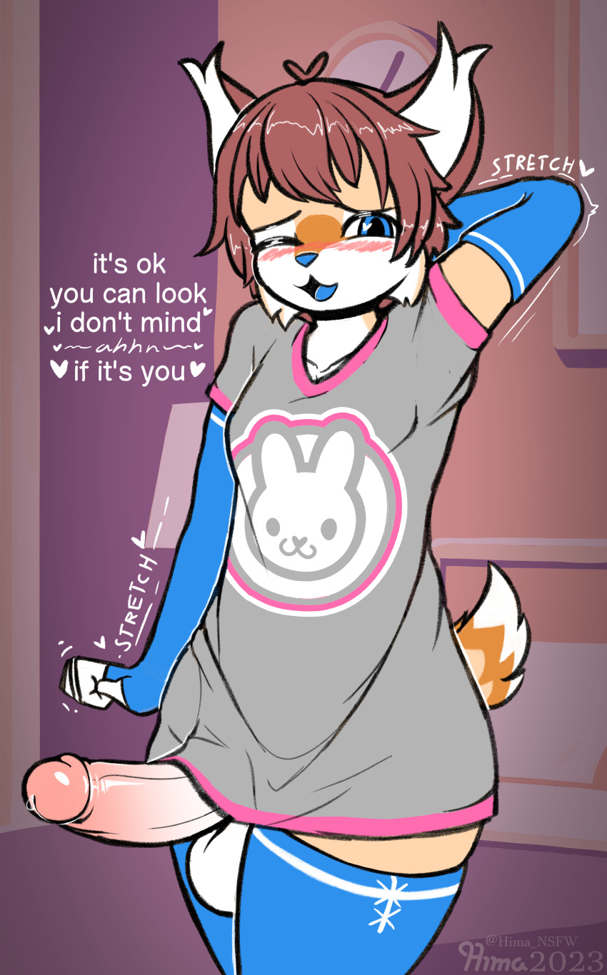 absurd_res ande_(hima_nsfw) anthro arm_warmers armwear bedroom big_penis blush bodily_fluids brown_hair canid canine clothing dialogue felid feline fox fur genital_fluids genitals hair hand_behind_back hi_res hima_nsfw hybrid legwear lynx male mammal orange_body orange_fur penis precum shirt solo stretching t-shirt tan_body tan_fur thigh_highs topwear tuft white_body white_fur