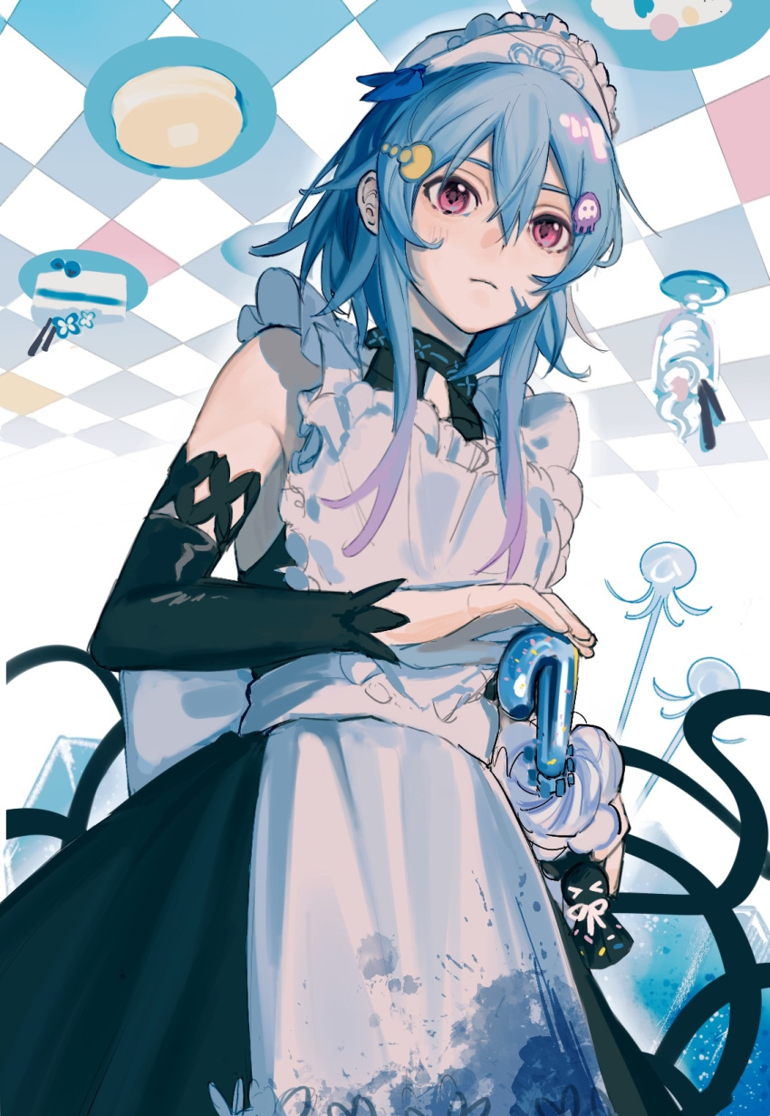 1boy alternate_costume apron arknights black_dress black_sleeves blue_hair cake cake_slice checkered_floor closed_umbrella commentary_request covered_collarbone crossdressing detached_sleeves dress enmaided food frilled_apron frills gradient_hair hair_between_eyes hair_ornament highres holding holding_umbrella long_hair long_sleeves maid male_focus mizuki_(arknights) multicolored_hair pancake pancake_stack parfait pink_hair plate qtxl1234567890 red_eyes sleeveless sleeveless_dress solo teruterubouzu umbrella white_apron white_umbrella