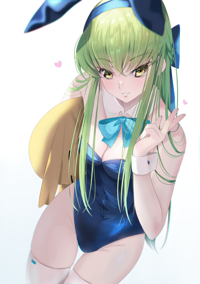 1girl absurdres animal_ears blue_archive blue_bow blue_bowtie blue_hairband blue_leotard bow bowtie breasts budgiepon c.c. cheese-kun cleavage code_geass cosplay detached_collar fake_animal_ears green_hair grin hairband hand_up heart highres holding holding_stuffed_toy leotard long_hair medium_breasts playboy_bunny rabbit_ears simple_background smile solo straight_hair stuffed_toy thighhighs toki_(blue_archive) toki_(blue_archive)_(cosplay) toki_(bunny)_(blue_archive) w white_background white_thighhighs wrist_cuffs yellow_eyes