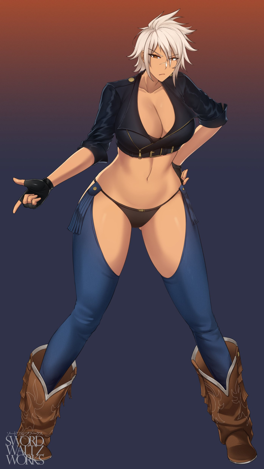 1girl absurdres angel_(kof) black_panties blazblue boots breasts brown_eyes bullet_(blazblue) chaps cleavage cosplay costume_switch cowboy_boots cropped_jacket crossover fingerless_gloves gloves highres panties scar scar_on_face scar_on_nose short_hair swordwaltz the_king_of_fighters underwear white_hair