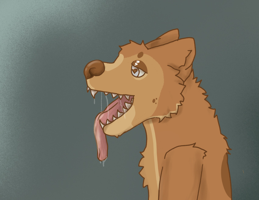 absurd_res african_wild_dog anthro bodily_fluids canid canine canis drooling facing_aside freckles fur green_background heyna hi_res hybrid long_tongue looking_away male mammal mr_confused open_mouth orange_body orange_fur saliva sharp_teeth simple_background solo teeth tongue tongue_out wolf