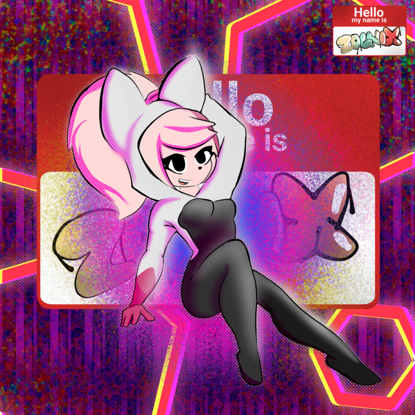 abstract_background anthro clothed clothing colorful colorful_background cosplay crossover crossover_cosplay female graffiti hi_res pigtails pose solo spider-gwen spider-man:_into_the_spider-verse text zolnix zolnix_(character)