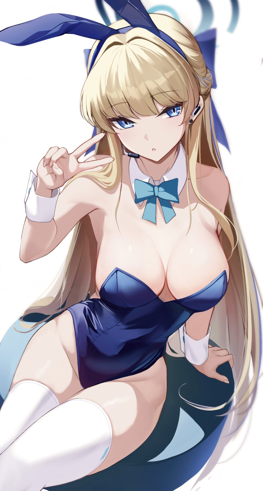 1girl absurdres animal_ears aqua_bow aqua_bowtie bare_shoulders blonde_hair blue_archive blue_bow blue_bowtie blue_eyes blue_leotard blunt_bangs bow bowtie breasts detached_collar earpiece fake_animal_ears groin highleg highleg_leotard highres leotard long_hair looking_at_viewer medium_breasts official_alternate_costume playboy_bunny rabbit_ears rikiddo_(tise_00) sidelocks sitting strapless strapless_leotard thighhighs thighs toki_(blue_archive) toki_(bunny)_(blue_archive) v very_long_hair white_thighhighs white_wrist_cuffs wrist_cuffs