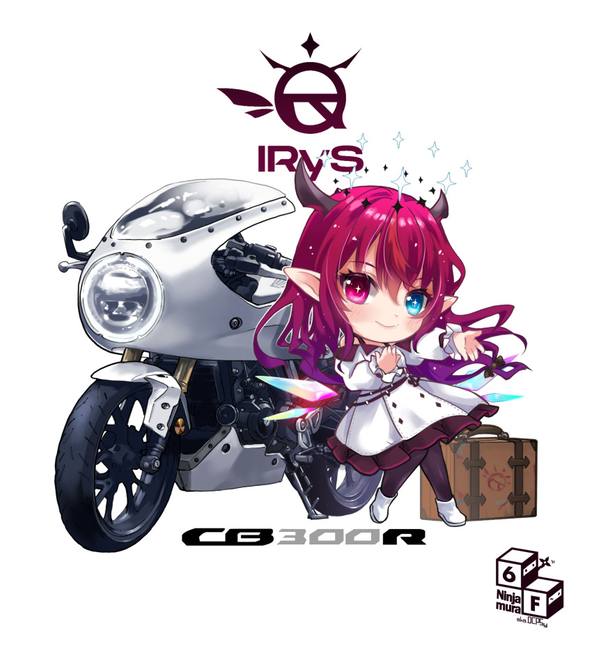 1girl black_leggings blue_eyes blush_stickers character_name chibi demon_horns dress gradient_hair hair_between_eyes halo heterochromia highres hololive hololive_english honda_cb300r horns irys_(hololive) leggings long_hair motor_vehicle motorcycle multicolored_hair pink_eyes pink_hair pointy_ears reaching reaching_towards_viewer star_halo suitcase vehicle_name very_long_hair white_dress white_footwear yoyoko707