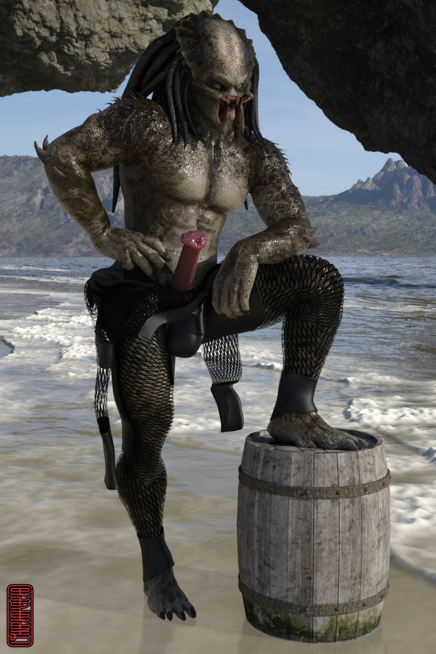 alien barrel beach_background genitals hi_res humanoid male muscular muscular_humanoid muscular_male penis predator_(franchise) solo spikes spikes_(anatomy) ugnaughtsden unusual_anatomy unusual_genitalia unusual_penis yautja