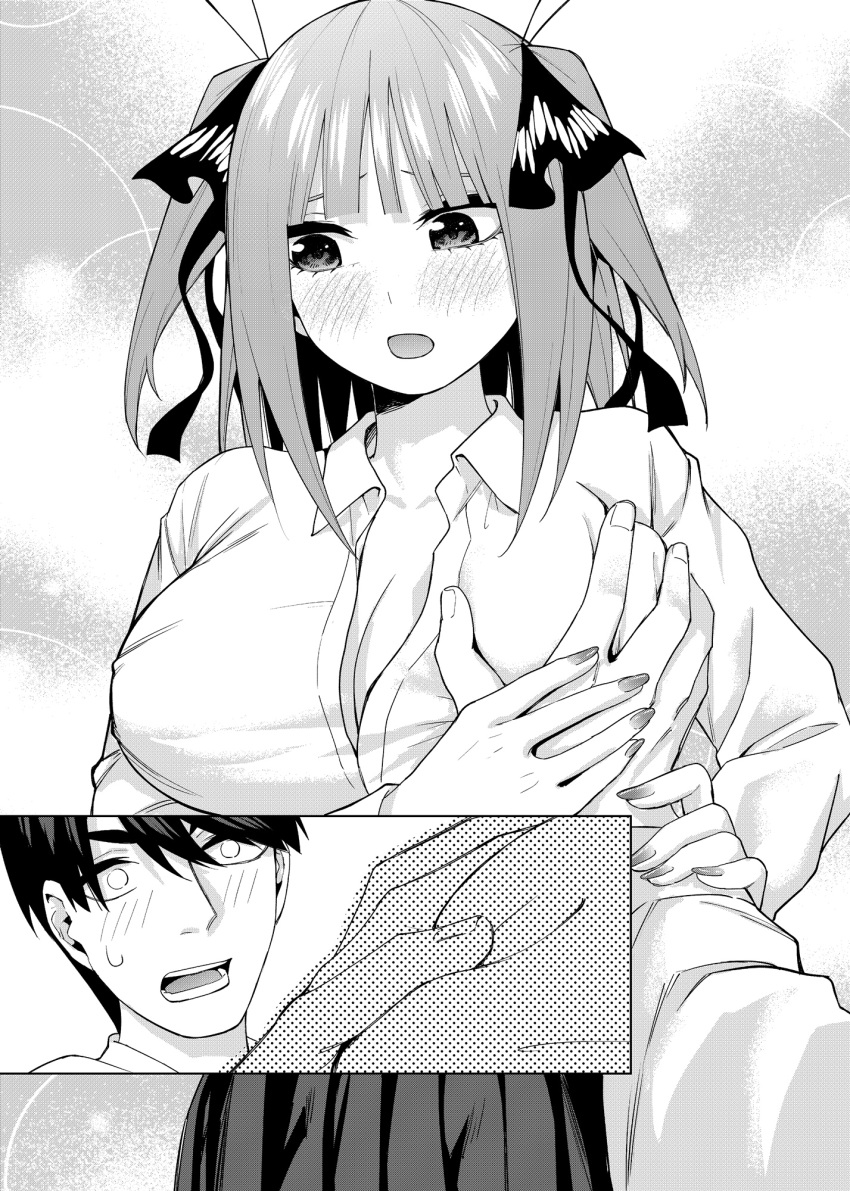 1boy 1girl assertive_female black_hair black_ribbon blunt_bangs breasts butterfly_hair_ornament cleavage commentary couple embarrassed eyebrows_hidden_by_hair eyelashes fingernails go-toubun_no_hanayome grabbing grabbing_another's_arm grabbing_another's_breast grey_background guided_breast_grab guiding_hand hair_ornament hair_ribbon hetero highres kosmos_beta large_breasts long_sleeves looking_to_the_side medium_hair monochrome nail_polish nakano_nino open_mouth pov pov_hands ribbon short_hair simple_background straight_hair sweatdrop teeth two_side_up uesugi_fuutarou wide-eyed