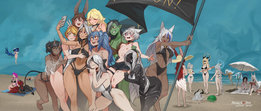 2boys 6+girls akai_(less) animal_ears bikini black_sclera blonde_hair blue_eyes blue_hair book braid breasts brown_eyes brown_hair choker closed_eyes colored_sclera commentary dark-skinned_female dark_skin demon_girl demon_horns demon_tail english_commentary female_orc green_eyes grey_hair halo heart highres holding holding_book horns large_breasts less long_hair multiple_boys multiple_girls navel nipples one-piece_swimsuit open_mouth orc original outdoors pointy_ears ponytail rabbit_ears red_eyes red_hair single_horn sitting smile swimsuit tail teeth yellow_eyes