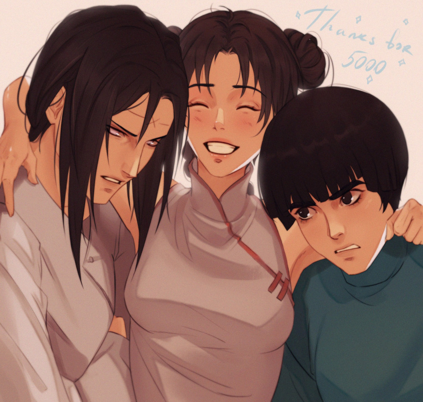 1girl 2boys anihelate arm_around_shoulder black_eyes black_hair bowl_cut breasts brown_hair china_dress chinese_clothes closed_eyes commentary double_bun dress english_commentary facial_mark forehead_mark grin hair_bun highres hyuuga_neji medium_breasts milestone_celebration multiple_boys naruto naruto_(series) rock_lee smile tenten_(naruto) turtleneck