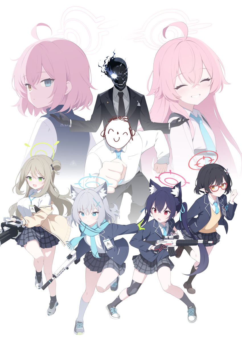 2boys 6+girls :d absurdres aged_down animal_ears arm_behind_back arona's_sensei_doodle_(blue_archive) ayane_(blue_archive) bike_shorts_under_skirt black_hair black_shorts black_skirt black_suit_(blue_archive) blazer blonde_hair blue_archive blue_eyes blue_necktie blue_ribbon blue_scarf blush braid breasts brown_hair cat_ears cat_girl clenched_hand closed_eyes closed_mouth collarbone collared_shirt cross_hair_ornament dual_persona expressionless facing_viewer flower from_behind full_body gatling_gun gloves green_eyes green_gloves grin gun hair_between_eyes hair_bun hair_flower hair_ornament hair_ribbon halo hand_up handgun happy heterochromia highres holding holding_gun holding_weapon hoshino_(blue_archive) id_card jacket jyt kneehighs large_breasts leaning_forward legs_apart long_hair looking_afar looking_at_viewer looking_back medium_hair miniskirt mismatched_pupils multiple_boys multiple_girls necktie nonomi_(blue_archive) off_shoulder open_clothes open_jacket orange_eyes parted_lips pink_hair plaid plaid_skirt red_eyes ribbon scarf school_uniform sensei_(blue_archive) serika_(blue_archive) serious shiroko_(blue_archive) shirt shorts simple_background single_side_bun skirt smile socks standing standing_on_one_leg staring thighs twintails upper_body upskirt very_long_hair vest weapon white_background white_flower white_hair white_shirt yellow_eyes