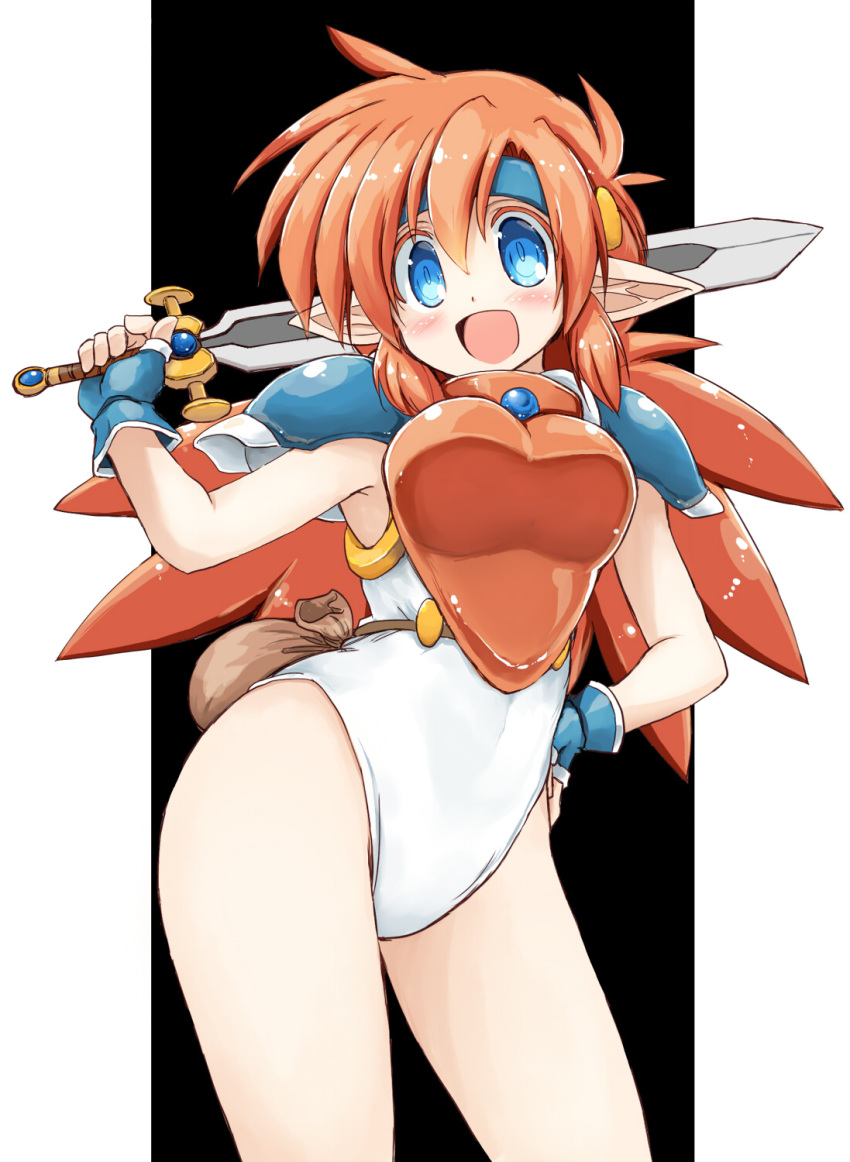 1girl arm_up armor blue_eyes blue_gloves breastplate elf fingerless_gloves gloves hand_on_own_hip headband highres leotard long_hair looking_at_viewer mail_(popful_mail) open_mouth orange_hair pauldrons pointy_ears popful_mail retro_artstyle sakaki_(noi-gren) shoulder_armor smile solo sword weapon white_leotard