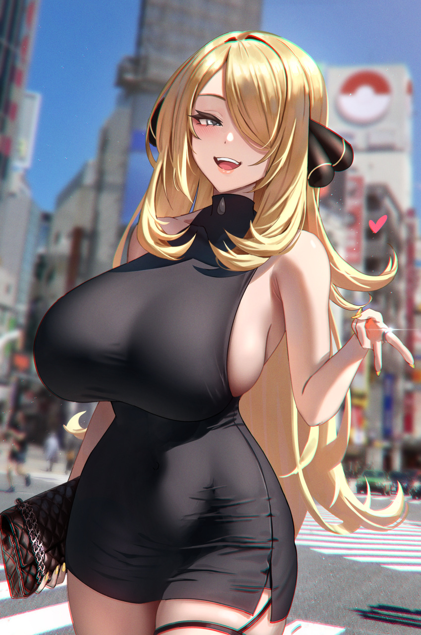 1girl :d alternate_breast_size anima_(togashi) bag black_dress blonde_hair blue_sky blurry blurry_background breasts car covered_navel cynthia_(pokemon) dress grey_eyes gyaru_v hair_ornament hair_over_one_eye heart highres holding holding_bag huge_breasts impossible_clothes impossible_dress light_particles long_hair looking_at_viewer motor_vehicle open_mouth outdoors people pokemon pokemon_(game) pokemon_dppt road short_dress skindentation sky smile solo street taut_clothes taut_dress thighs turtleneck_dress v very_long_hair women's_wallet
