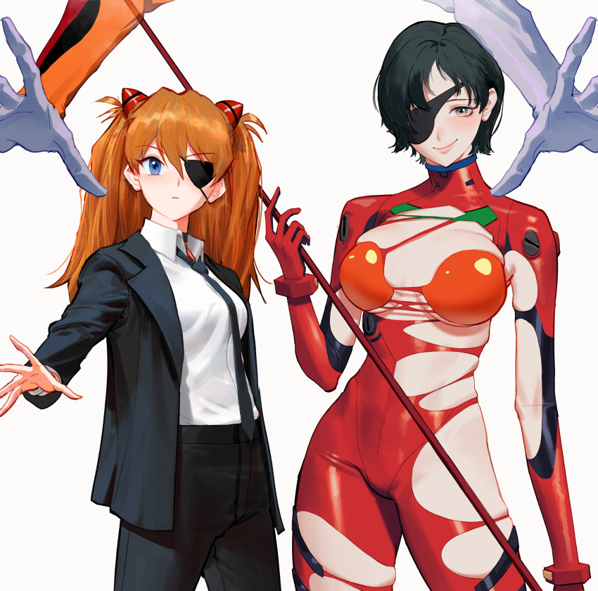 2girls absurdres black_hair black_jacket black_necktie blue_eyes blush bodysuit breasts chainsaw_man collared_shirt cosplay eyepatch formal ghost_hands green_eyes hair_between_eyes hair_ornament highres himeno_(chainsaw_man) himeno_(chainsaw_man)_(cosplay) holding jacket large_breasts long_hair looking_at_viewer multicolored_bodysuit multicolored_clothes multiple_girls necktie neon_genesis_evangelion orange_bodysuit orange_hair plugsuit rebuild_of_evangelion red_bodysuit shirt shirt_tucked_in short_hair simple_background small_breasts smile souryuu_asuka_langley souryuu_asuka_langley_(cosplay) suit white_shirt wonbin_lee