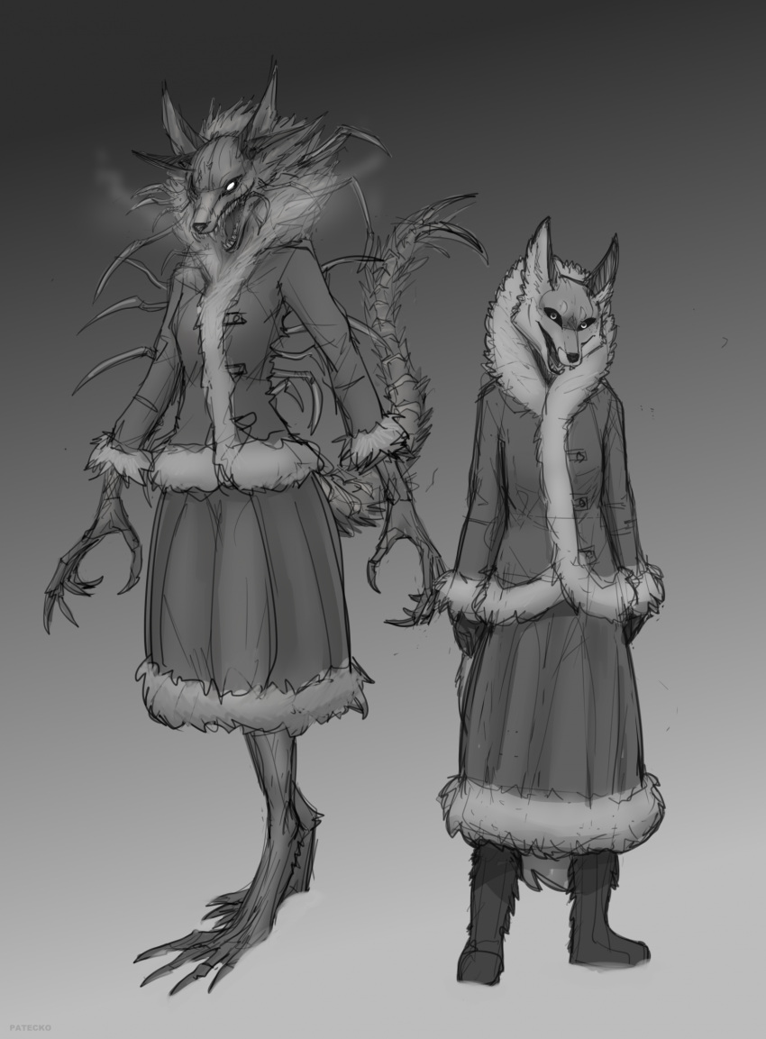 2023 4_ears alice_the_vixen anthro biped branch canid canine claws digital_media_(artwork) eyewear female finger_claws fox fur_collar glowing glowing_eyes greyscale hi_res mammal markings monochrome monster multi_ear open_mouth patecko sketch tiny_bunny