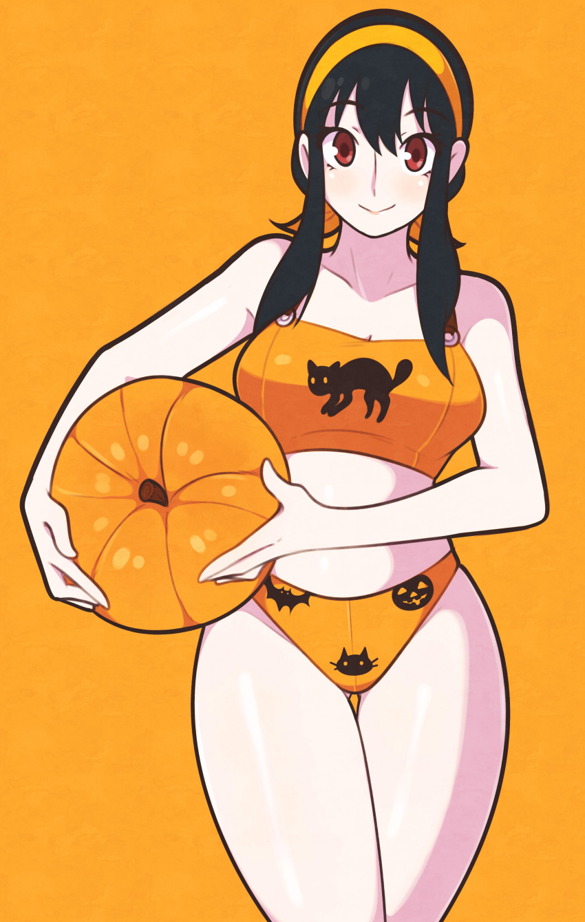 1girl absurdres animal_print black_hair cat_print hairband halloween highres holding jeff_miga looking_at_viewer orange_background orange_hairband panties pumpkin red_eyes sidelocks simple_background smile solo sports_bra sportswear spy_x_family underwear yor_briar