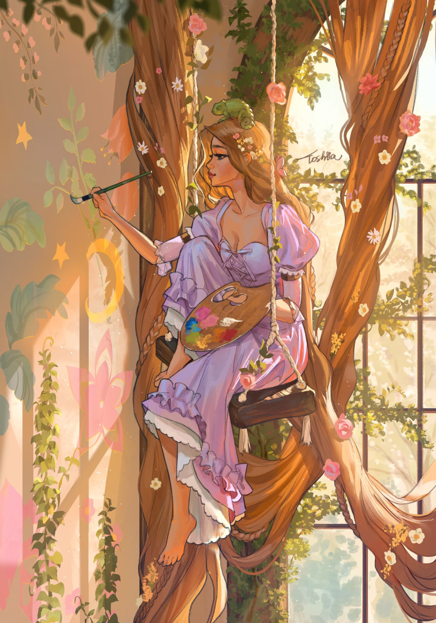 1girl blonde_hair dress european_clothes flower hair_flower hair_ornament highres holding holding_paintbrush indoors long_hair paintbrush pink_dress rapunzel rapunzel_(disney) signature sitting swing_set toshiasan very_long_hair watermark